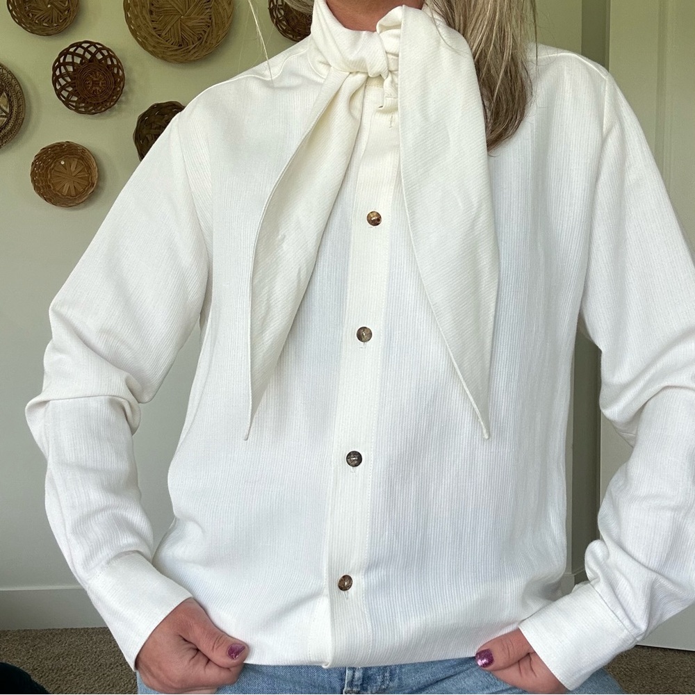 NWT Carla Fernandez •M• Off White Camisa Pancho Button Up Tie Collar Blouse